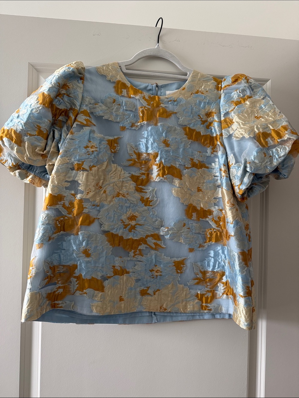 Pomander Place Light Blue Floral Puff-Sleeve Blouse with Gold and Cream Flowers